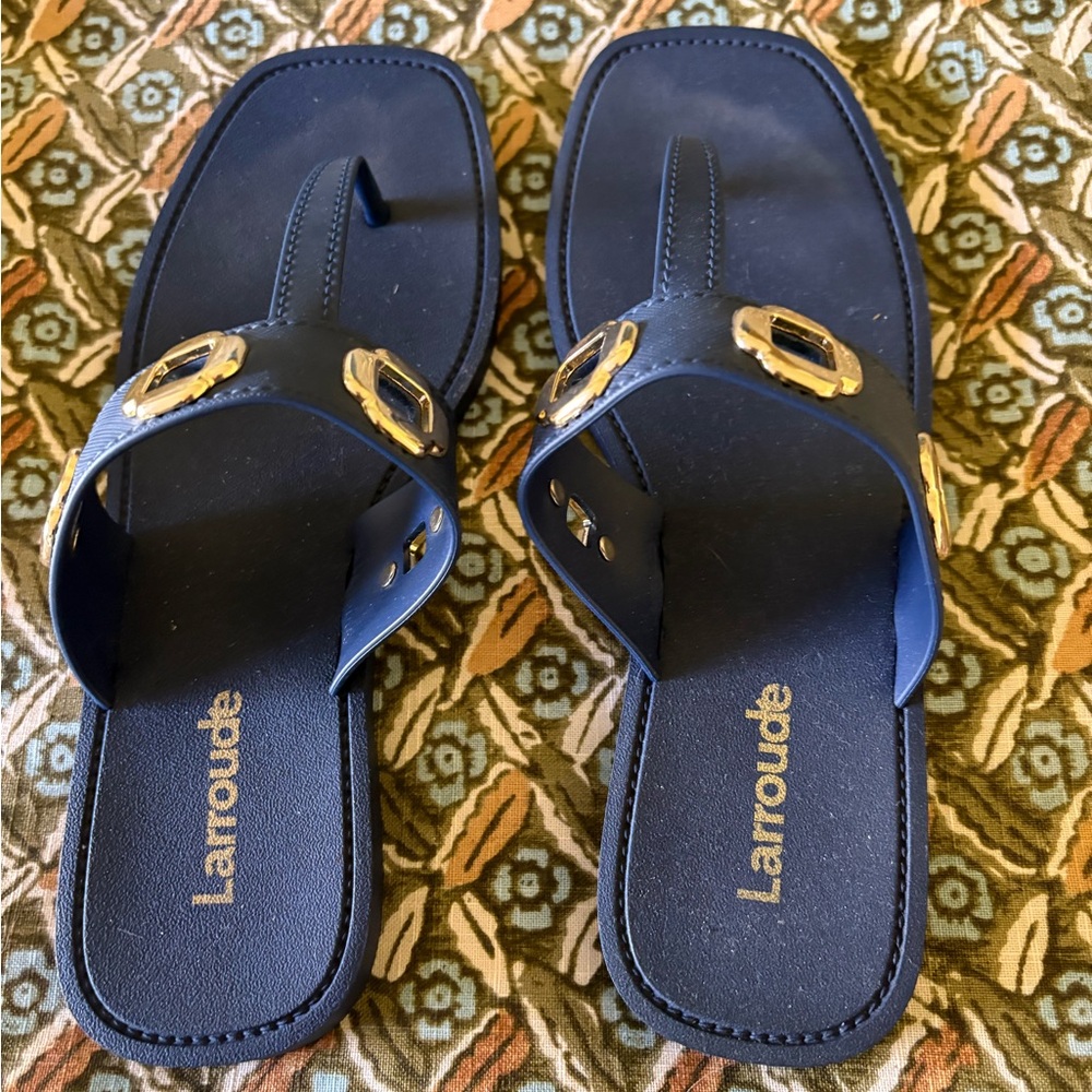 Larroude Navy Jelly Sandals with Gold Details